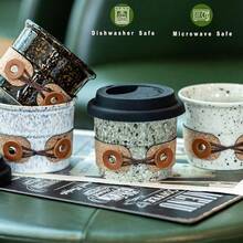 - Taza de caf con tapas, vaso de caf de viaje, tazas de caf reutilizables con tapas, tazas de t de porcelana, taza de viaje de cermica, apta para microondas y lavaplatos, a prueba de - Blanco con black (White With Black Dots) + S - Ver 7