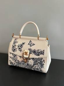 2026新款時尚奢華女包，高品質小眾設計高級刺繡時尚小方包，雙面開口精緻緊湊手提包，單肩斜挎包，PU材質 - 米色 - 查看 6