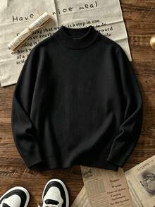 Big Boys' Solid Black Mock Neck Knit Sweater, Basic Long Sleeve Ribbed Cuff & Hem Soft Pullover Top, Casual Daily Autumn/Winter Children's Top - Black - View 3
