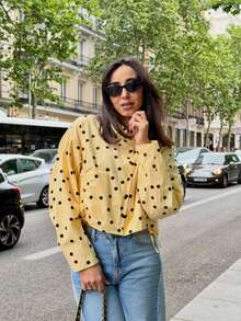 Chaqueta ligera de cuello alto con cordón y plisado de lunares para primavera, verano y otoño - Amarillo - Ver 5