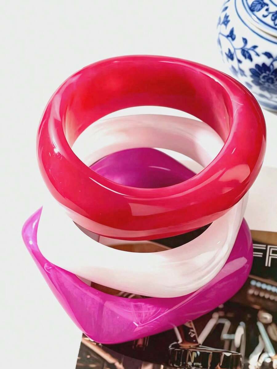 Chunky Resin Bangle Bracelet Set, Pink & White Candy Color Stackable Cuff, Cute Minimalist Jewelry For Women Daily Wear - Hot Pink - View 1