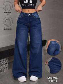 Straight-Leg Dark Blue Denim Jeans With A Butt-Lifting Effect And A Loose, Stretchy Fit - 藍色的 - 查看 1