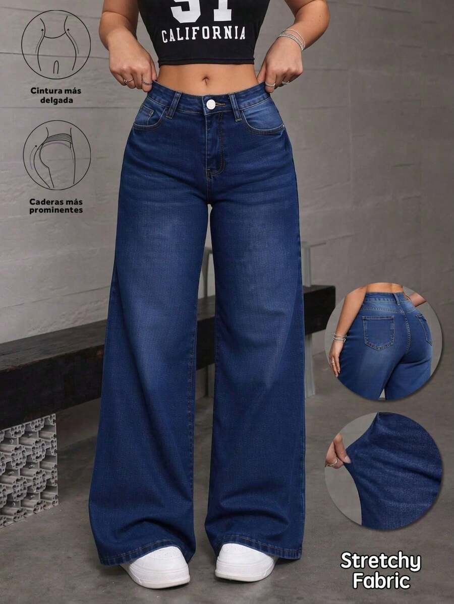 Straight-Leg Dark Blue Denim Jeans With A Butt-Lifting Effect And A Loose, Stretchy Fit - 藍色的 - 查看 1
