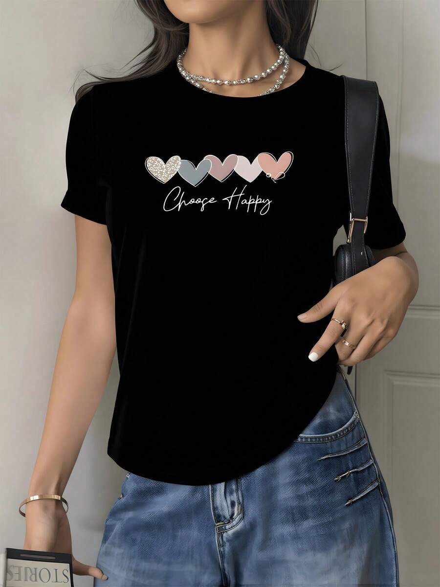 Hearts In Soft Tones Representing Love, Hope And Happiness With The Positive Phrase Choose Happy, Modern Casual Women's T-Shirt - 黑色 - 查看 1