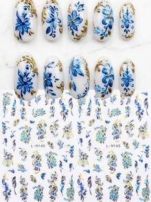 2er Set elegante königsblaue Goldfolien-Blumen Nagelaufkleber, Vintage handgezeichnetes Blumenmuster Aufkleber perfekt für Cottagecore, Braut und hochwertige Maniküre Designs - Verschiedenfarbig - Übersicht 7