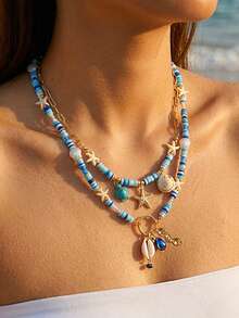 2pcs Classic Starfish Turtle Shell Bohemian Style Metal Material Multicolor Women's Necklace, Suitable For Daily Wear, Beach Vacation - Multicolor - View 4