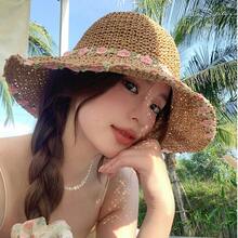 女款夏季防曬手工編織草帽，戶外度假海灘遮陽可折疊水桶帽 - 彩色 - 查看 9