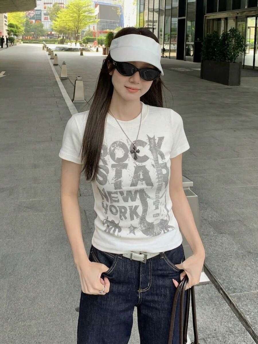 女款印花修身百搭短袖T恤上衣,休閒白色夏季款 - 白色 - 查看 1