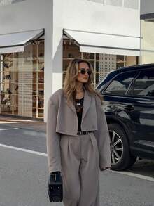Women's Short Blazer & Wide Leg Pants 2 Pieces Set, Loose Fit Hidden Button Notch Lapel Office Casual Outfit - Grey - View 5