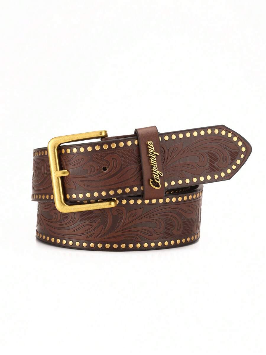 1pc Bohemian Style Vintage Buckle PU Leather Embossed Belt, Unisex For Men And Women, Suitable For Daily Casual Wear (Includes 1pc Hole Punch Nail) - BH1159 - View 1