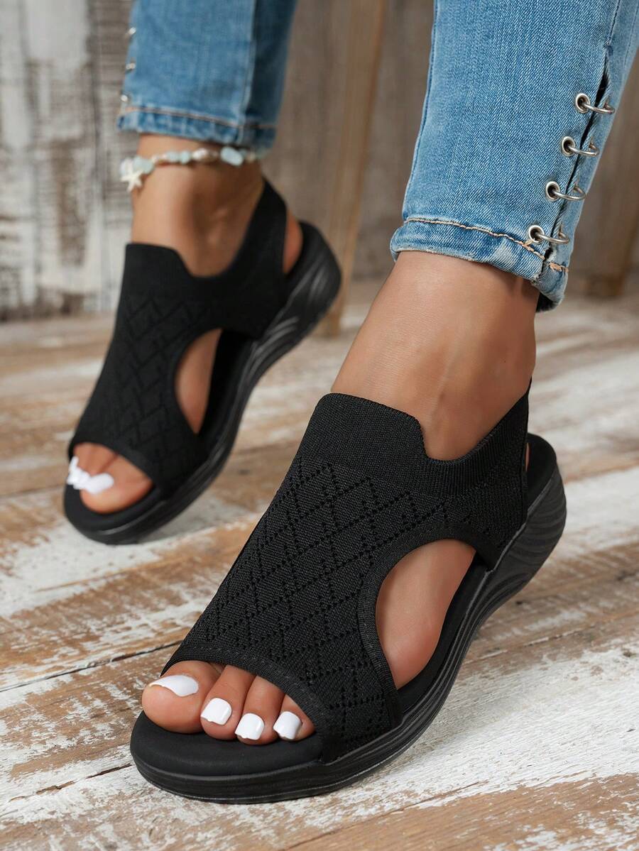 2026 Summer New Women's Sandals, Thick Sole Women's Shoes, Non-Slip Heel, Knitted Soft Sole, Soft Upper, Comfortable Women's Sandals, Non-Chafing Shoes, Slip-On, Petite Shoes, Vacation Style Fashion Women's Shoes, All Black Shoes - All Black - View 1