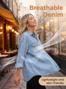 Women's Oversized Denim Shirt, Long & Short Sleeve Classic Pocket Jean Blouse, Casual Back To School Camisas De Mujer Elegantes - Light Blue - View 5