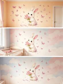 1pc Butterfly & Rabbit Wall Sticker Wallpaper Set, Suitable For Bedroom, Living Room And Nursery Warm Home Wall Decor - Multicolor - View 4