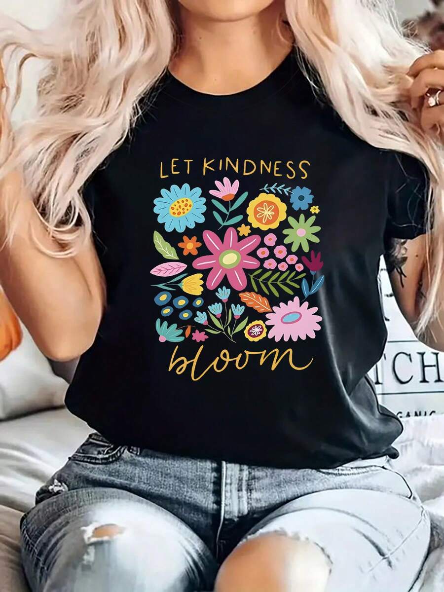 Camiseta de manga corta para mujer, estilo forestal curativo premium, con estampado floral colorido "Let Kindness Bloom", cuello redondo, para primavera-verano, ecológica. - Negro - Ver 1