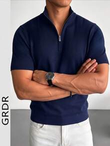 Men's Summer Half-Zip Solid Color Knit Polo Shirt, Suitable For Summer Outings, Essential For Fashionable Styling - Navy Blue - View 2