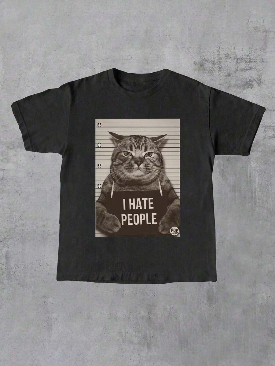 Women's Casual Short Sleeve Crew Neck T-Shirt With Funny Cat Print, Casual Summer Streetwear T-Shirt For Women, Cute Black T-Shirt - 黑色 - 查看 1