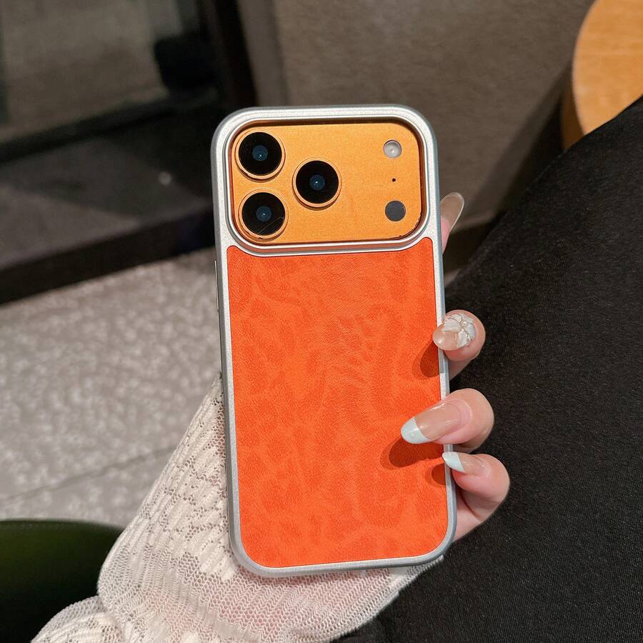1pc Silver Frame Leopard Print Large Hole Phone Case Compatible With Apple 17 Pro/17/16/15/14 Anti-Drop - Orange - View 1