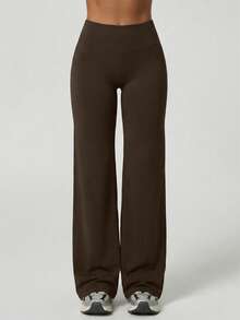 GAOVOT Pantalones anchos y rectos de cintura alta para mujer, de verano, para deportes y ocio, sueltos en la cadera y el vientre, para yoga, pilates, ejercicio y gimnasio - Marrón - Ver 10