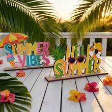 2D平面裝飾，可選1件「SUMMER VIBES」裝飾或1件「HELLO SUMMER」裝飾，熱帶海灘風木製裝飾，適合派對裝飾與日常擺飾，適用於客廳咖啡桌、臥室窗台、餐桌 - B - 查看 5