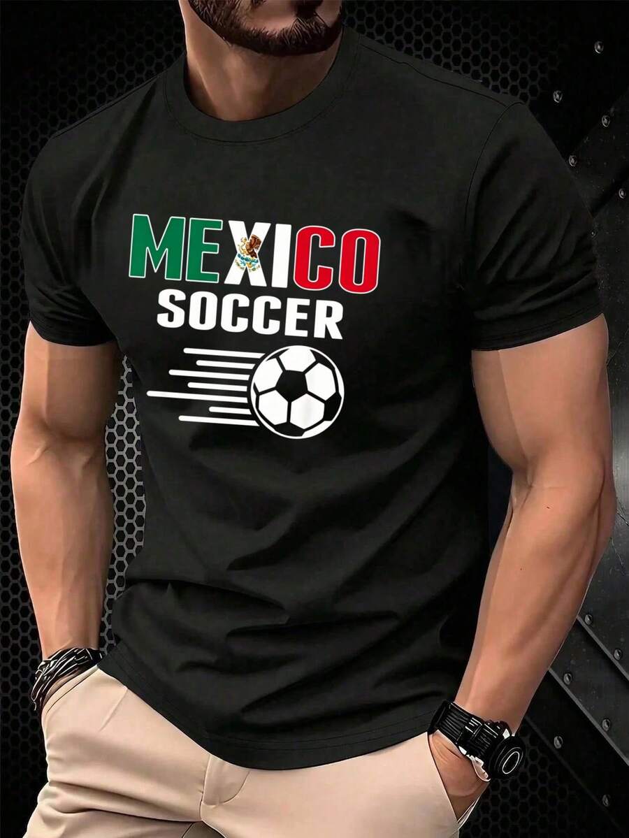 Mexico Soccer University Style T-Shirt, Classic Design With Letters And Tricolor Ball, Casual Garment For Fans Of The Mexican National Sport, 2026 Season - 黑色 - 查看 1