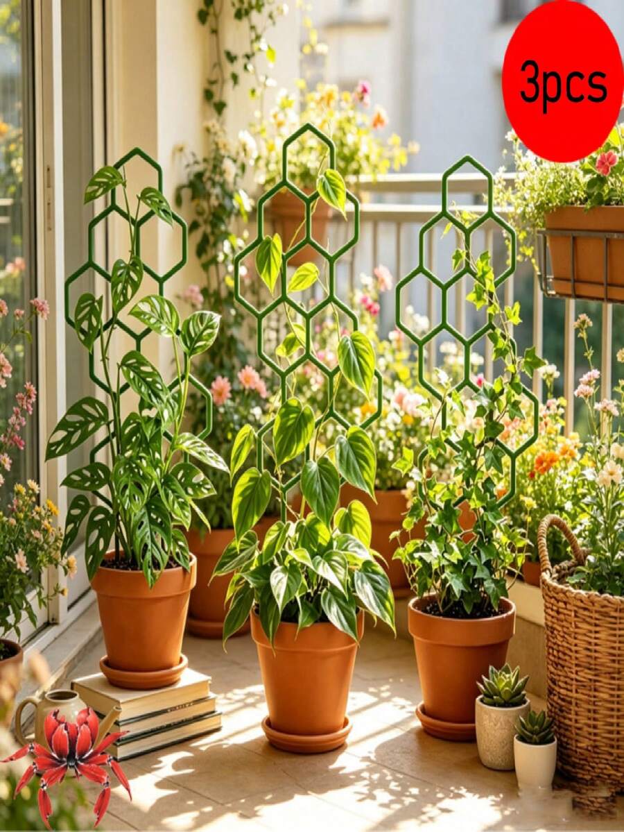 Set om 3, 14,96 tum x 5,91 tum, bikakeformad klätterstöd för växter. Tillverkad av rostfria plaststavar, perfekt för krukväxter och blommor.