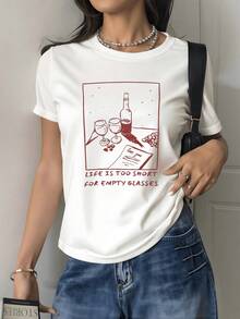 Bottle Of Wine Next To Two Glasses And A Note Celebrating Joyful Moments With Friends; Modern Casual Women's T-Shirt - 白色 - 查看 1