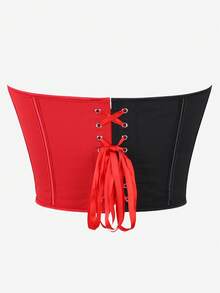 Red And Black Colorblock Fitted Corset Top, Sweetheart Neckline Bandeau Style Corset, Women's Waist-Cinched Tight Corset, Suitable For Halloween, Cosplay And Parties - Multicolor - View 3
