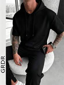 GRDR 男士夏季休闲运动连帽短袖T恤，时尚简约纯色短袖，适合跑步和日常穿着 - 黑色 - 查看 2