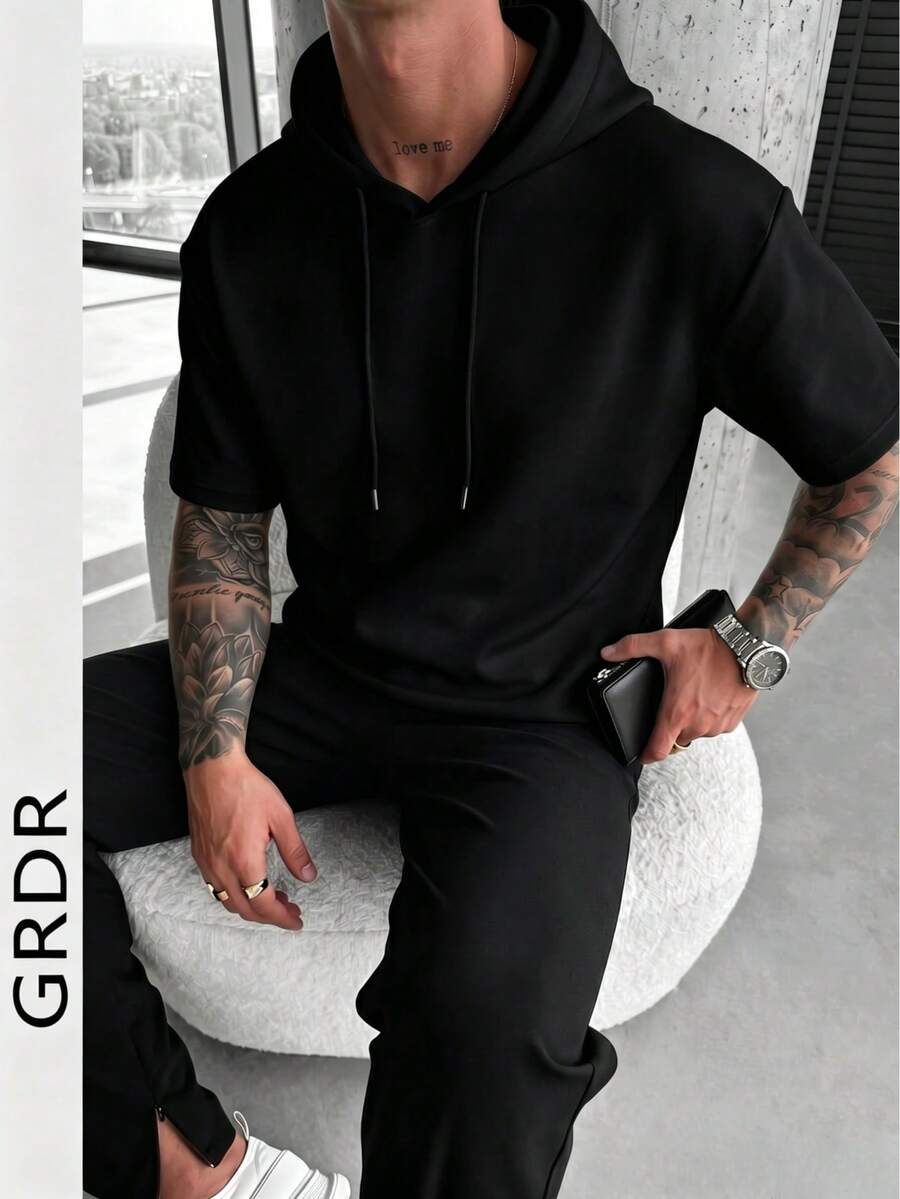 GRDR 男士夏季休闲运动连帽短袖T恤，时尚简约纯色短袖，适合跑步和日常穿着