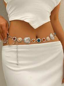1pc Bohemian Style Colorful Geometric Asymmetrical Inlaid Stone Chain Waist Chain, Personalized Gorgeous Court Style Women's Body Chain Waist Chain, Versatile Waist Chain Accessory To Match Dresses And Tops, Gift For Best Friends - Silver - View 3