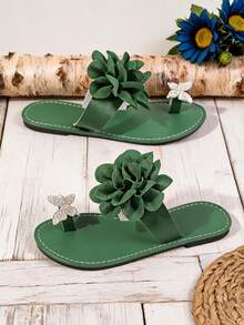 1 Pair Women Green Bohemian Open Toe Flat Slide Sandals 3D Flower Rhinestone Butterfly Slip On Summer New Design - Green - View 6