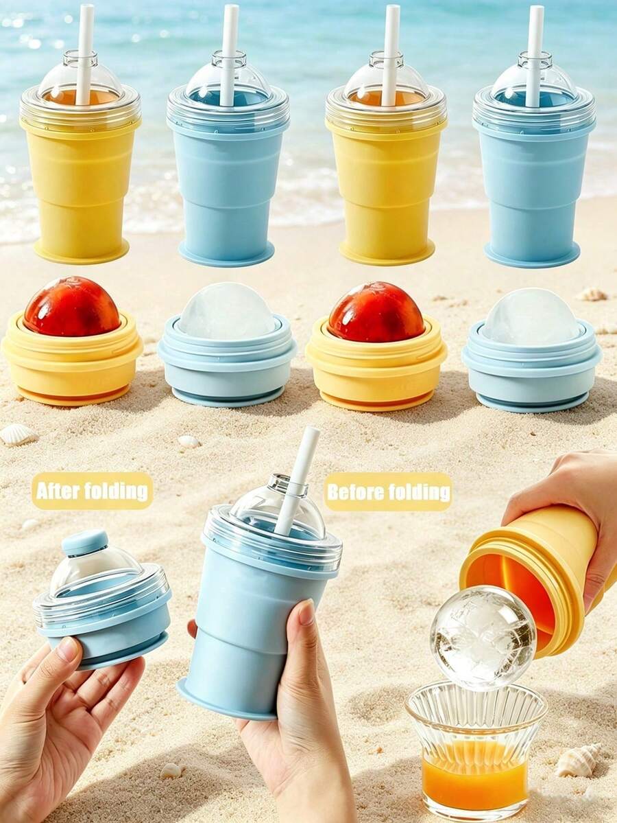 1pc 2-In-1 Foldable Ice Ball Maker, Reusable Portable Ice Ball Mold With Straw And Lid, Mini Tray, Leak-Proof Travel Cup, Suitable For Whiskey, Coffee, Juice - Multicolor - View 1