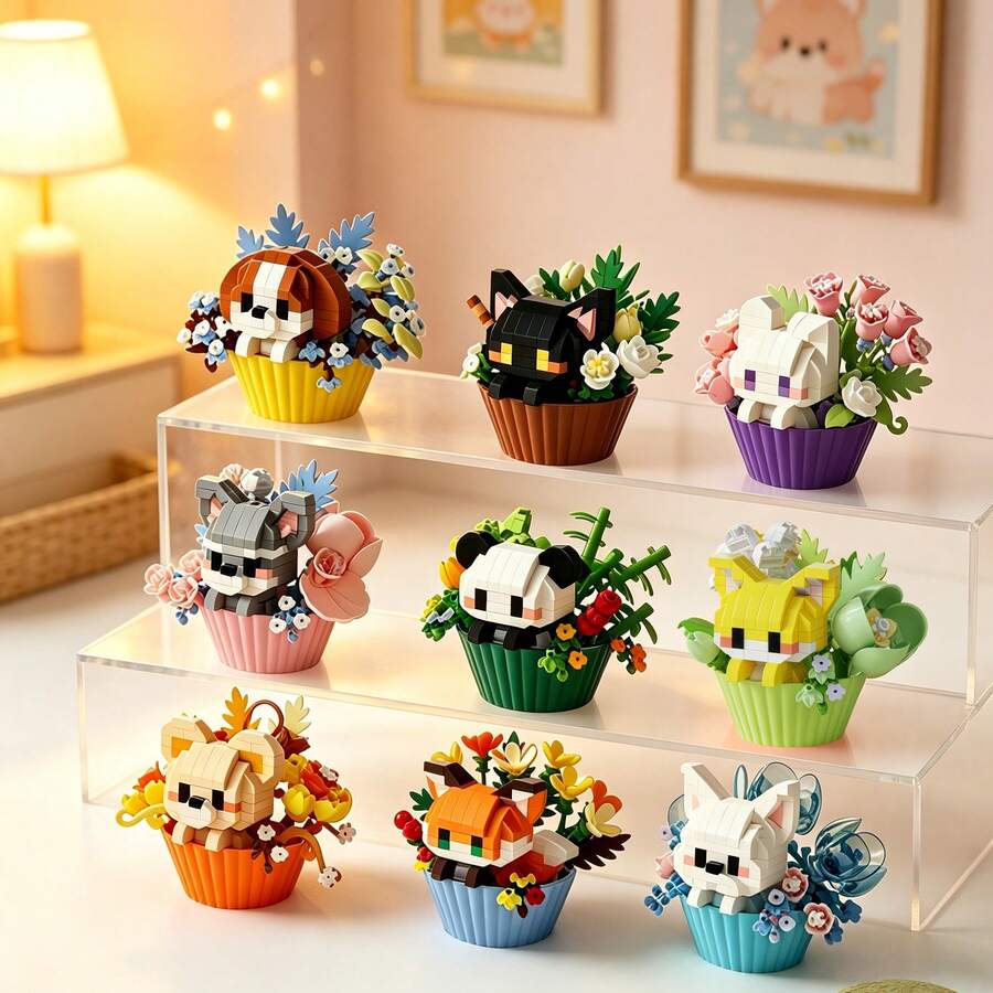 11 Stücke Mikro-Partikel süße Dessert-Tier-Serie Bauklötze Spielzeug, ewige "Cupcake" Blumen, ABS Material, Bildungsmontageset, fördert Fingerfertigkeit und Konzentration, Tier- und Dessert-Modell-Kombination, kreative Stresslinderung Dekoration, Mikro-Partikel-Montage, Geschenkbox Verpackung, heilende Tisch-Ornamente, Sammlungsdisplay und Geburtstags-/Kindergeschenk/Abschlussgeschenk - Verschiedenfarbig - Übersicht 1
