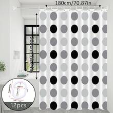1pc Grey And White Polka Dot Pattern Shower Curtain, Bathroom Partition Curtain, Suitable For Multiple Scenes, Comes With Hanging Rings - Dark Grey - View 9