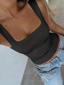 Vaiaye Women's Solid Color Square Neck Fitted Casual Camisole, Minimalist Retro Solid Color Vest, Summer Fashion Backless Knit Camisole, Casual Versatile, Suitable For Commuting Black - Black - View 4