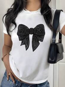 2026 Women's Blouses Elegant Black Blouse With Sequined Bow Symbolizing Grace And Confidence 100% Cotton Casual Short-Sleeved T-Shirt For Women - 白色 - 查看 1