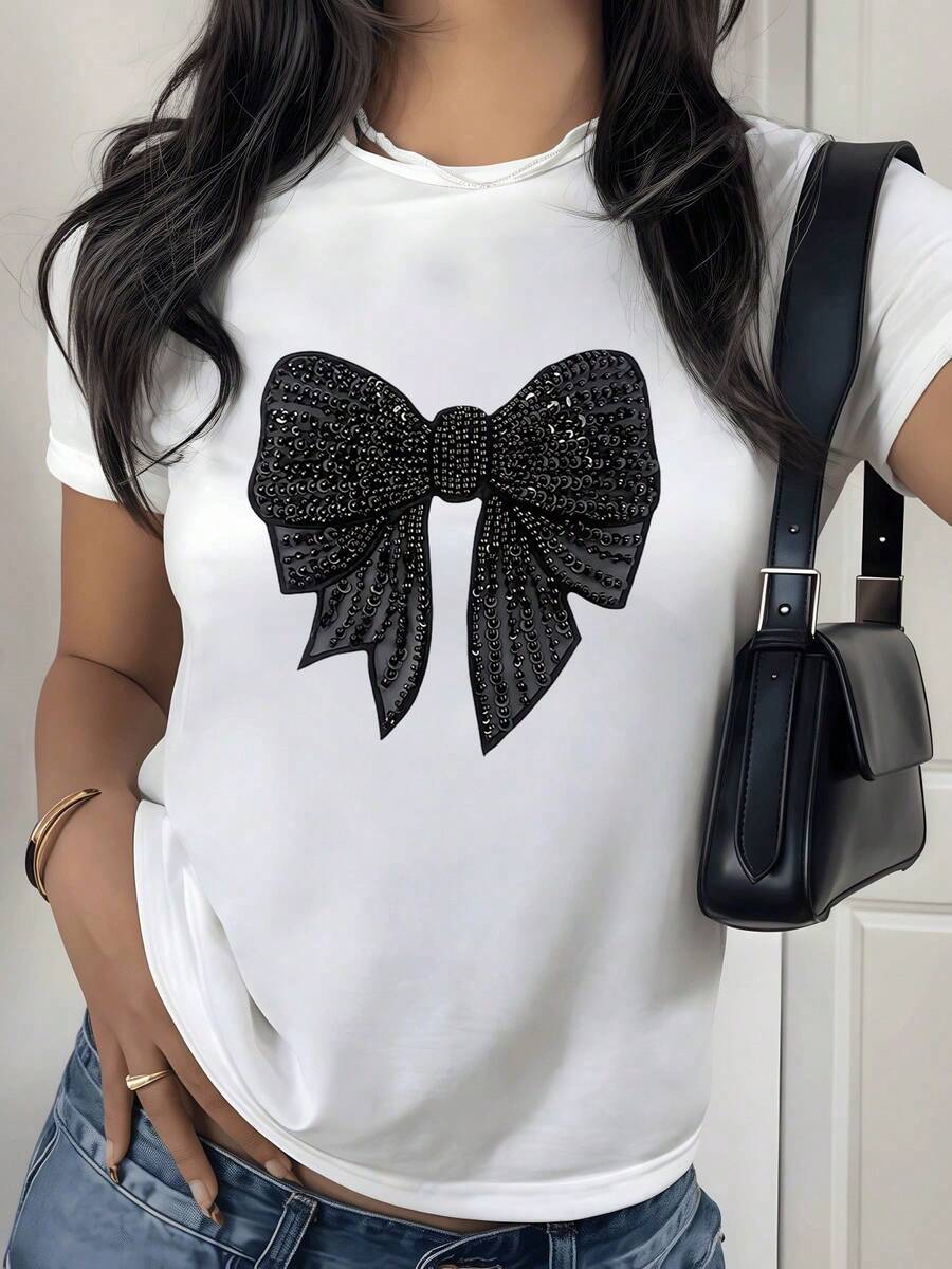 2026 Women's Blouses Elegant Black Blouse With Sequined Bow Symbolizing Grace And Confidence 100% Cotton Casual Short-Sleeved T-Shirt For Women - 白色 - 查看 1