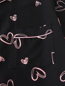 Heart Print Plus Size Women Bubble Crinkle Short Sleeve Shorts Pajama Set - Black - View 4