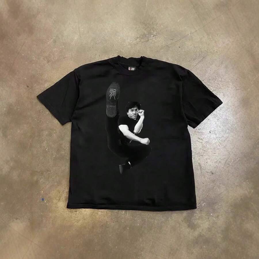 ¡Algodón puro de alto gramaje! Camiseta unisex de manga corta, holgada, para parejas, con estampado vintage de kung fu chino y Jackie Chan. Camisetas de lujo, tops, camisetas de moda. - Negro - Ver 1