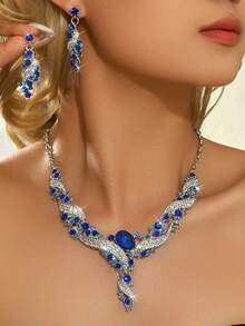 Elegant Blue Diamond Necklace And Earrings Set, Zinc Alloy Shiny Crystal Jewelry, Suitable For Wedding And Evening Party - Royal Blue - View 6