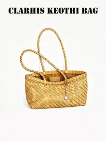 Hand-Woven Leather Shoulder Bag In Warm Pale Yellow With Sturdy Woven Strap, Neat Edge Stitching And Exquisite Woven Texture, Minimalist French Style, Suitable For Commuting And Weekend City Outings - Yellow - View 1