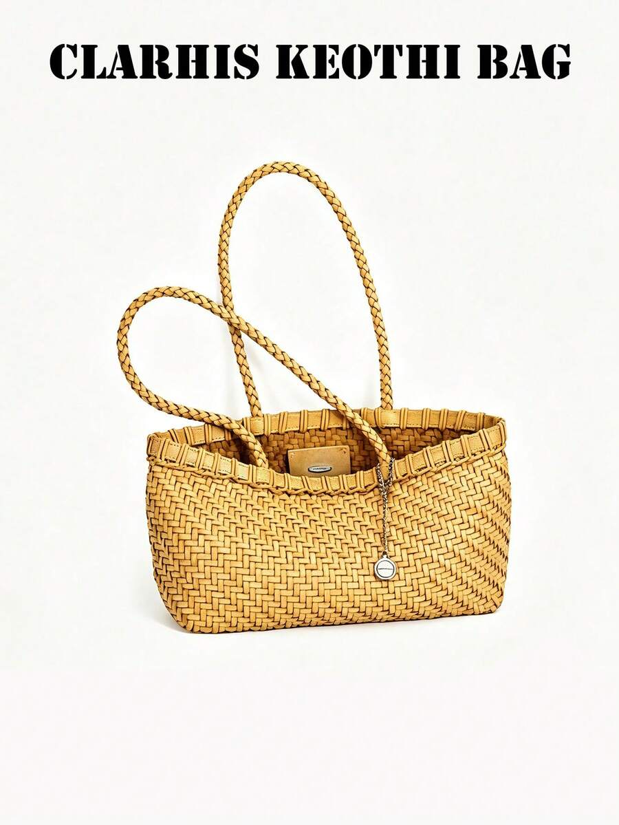 Hand-Woven Leather Shoulder Bag In Warm Pale Yellow With Sturdy Woven Strap, Neat Edge Stitching And Exquisite Woven Texture, Minimalist French Style, Suitable For Commuting And Weekend City Outings - Yellow - View 1