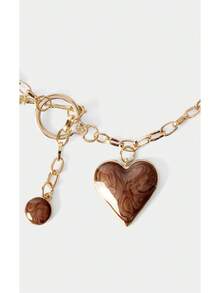 Noxbound 1 pieza Collar con colgante de corazón rojo en forma de tambor recubierto de aleación 3D y gota de agua dorada de moda - Café integral - Ver 2