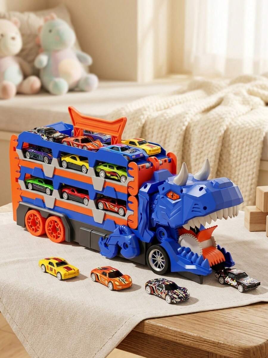Juego de Pista de Ciudad con Camión Dinosaurio Transformable – 6 Mini Autos en Pista, Función de Tragar/Disparar/Almacenar, Juguete de Entrenamiento Cerebral y Educación Temprana para Niños de 3+ Años, Premio/Regalo Ideal para Cumpleaños/Vacaciones/Regreso a Clases (Juego Familiar e Interacción Padre-Hijo)