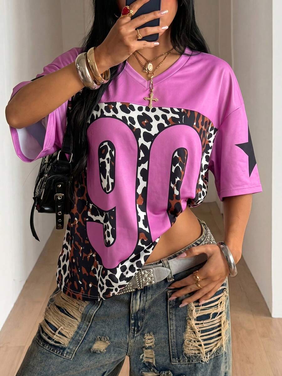World Cup2026 Y2K 90er Retro Oversized T-Shirt - Lila Leopardenmuster Grafik-T-Shirts für Streetwear-Outfits - Verschiedenfarbig - Übersicht 1