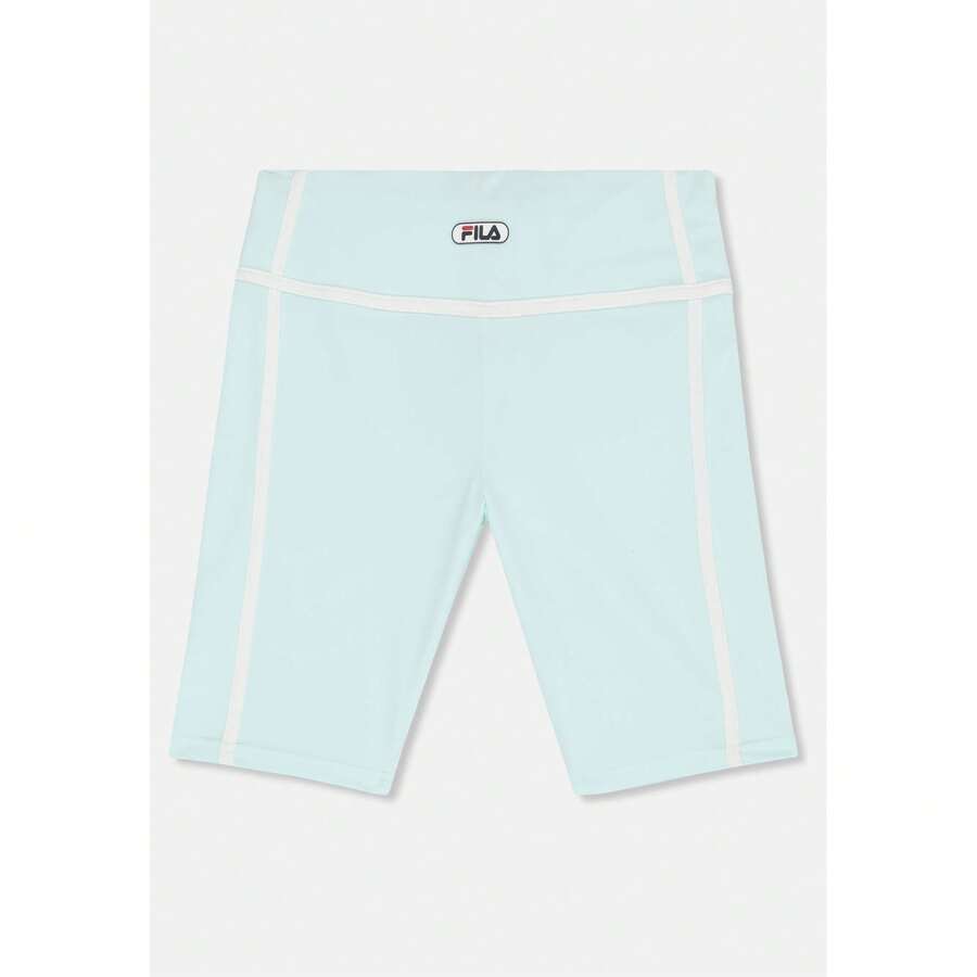 FILA شورت كونفيني ضيق بشريط متباين، شورت ركوب الدراجات للنساء، 65% بوليستر و35% إيلاستين، قصة ضيقة من نسيج إنترلوك مرن، خصر برباط وشعار ملصق - فيروزي - مشاهدة 1