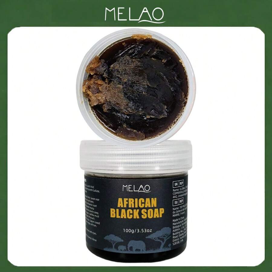 MELAO Sapone Nero Africano Tradizionale, 100% Ingredienti Naturali, Pulizia Profonda per Viso e Corpo, Adatto per Pelle Grassa e Soggetta ad Acne, 100g/3.53oz - 100 g - Visualizzare 1