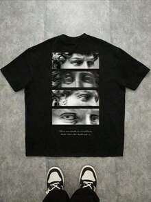 Plus Size T-Shirts For Men, Manfinity Street Fashion T-Shirt With Black Portrait And Letter Print, Urban Clothing, Y2K, Vintage, Artistic, Sculptural, Plus Sizes, For Men, Take That T Shirt, - Negro - Ver 1