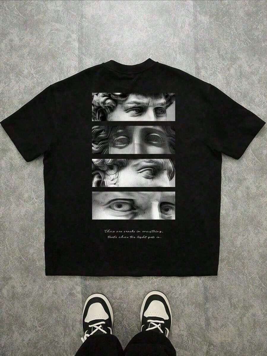 Plus Size T-Shirts For Men, Manfinity Street Fashion T-Shirt With Black Portrait And Letter Print, Urban Clothing, Y2K, Vintage, Artistic, Sculptural, Plus Sizes, For Men, Take That T Shirt, - Negro - Ver 1