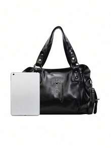 Fashionable Textured Large Capacity Tote Bag, Commuter Shoulder Crossbody Women's Bag, Suitable For Outings, Shopping, Travel, Commuting - Black - View 7